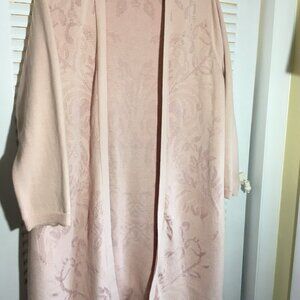 CHICO'S jacquard sz 3 xl open front long knit cardigan pink 18" back shoulder